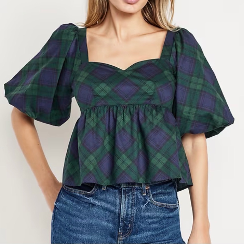 Old‎ Navy Plaid Green and Blue Women's Crop Top With Puffy Sleeves - NWT Size L